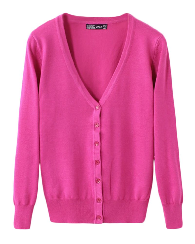 Classic Pink Women's Rosered Basic Cardigan V Neck Knit Spring Button Down Long Sleeve Sweater Outwear 3XL