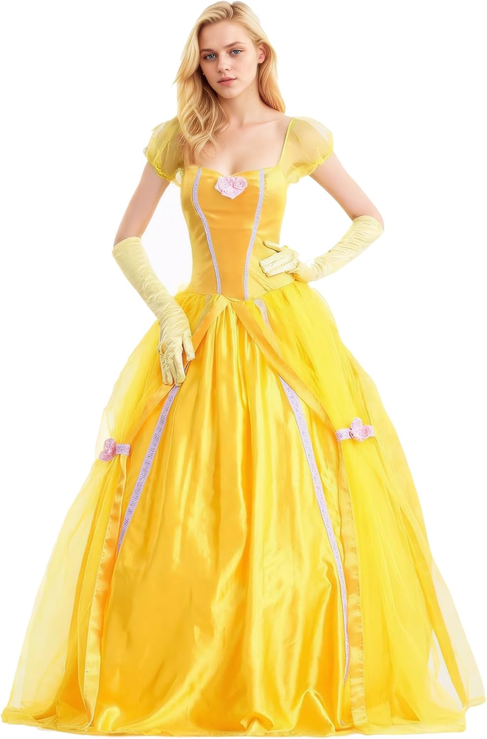 Princess Belle Costume Adult Women Belle Dress with Gloves Necklace Yellow Suit for Halloween Party - Image 2