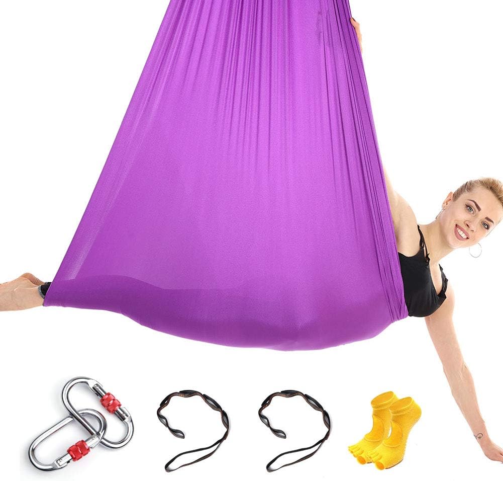 Himifuture 5m long, 3m wide, Yoga Hammock Flying Hammock Swing Aerial Yoga Hammock Silk Fabric with Carabiner & Daisy Chain for Yoga Anti-gravity Pilates with a free pair of Socks