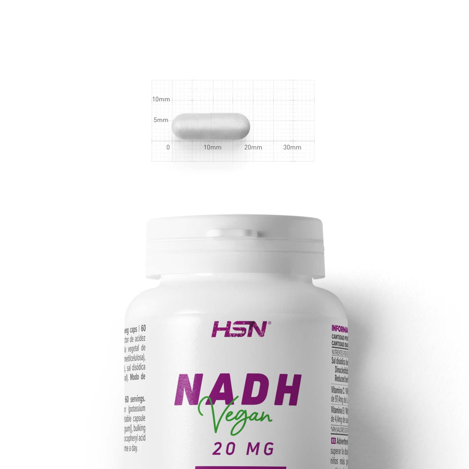 HSN NADH 20mg | 120 Capsule Vegetali a Rilascio Ritardato | Formula Stabile | Protezione dagli acidi gastrici | Con vitamine C ed E antiossidanti | Non OGM, Vegano, Senza Glutine