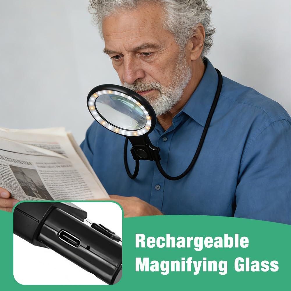 5X 10X Hands Free Magnifying Glass with Light, 3-in-1 Gooseneck Magnifier for Reading, Rechargeable Flexible Gooseneck Magnifier, 3 Color Mode, for Craft Cross Stitch Sewing Reading Books - Image 4