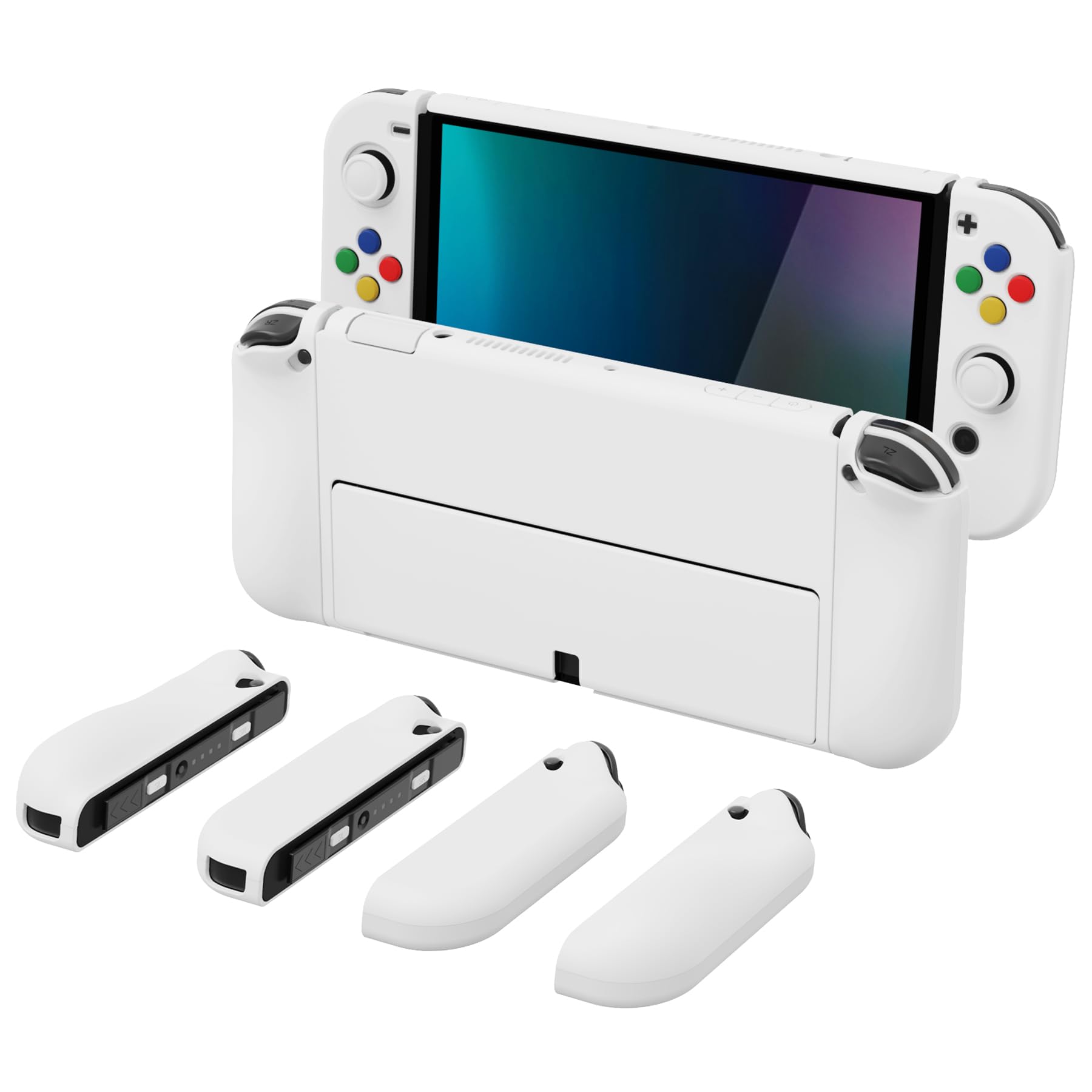PlayVital Cover Custodia per Nintendo Switch OLED, Grip Ergonomico Intercambiabile per Joycon, Copertura Protettiva Rigida Accessori per Switch OLED&Copri Analogici/Tasti-Bianco