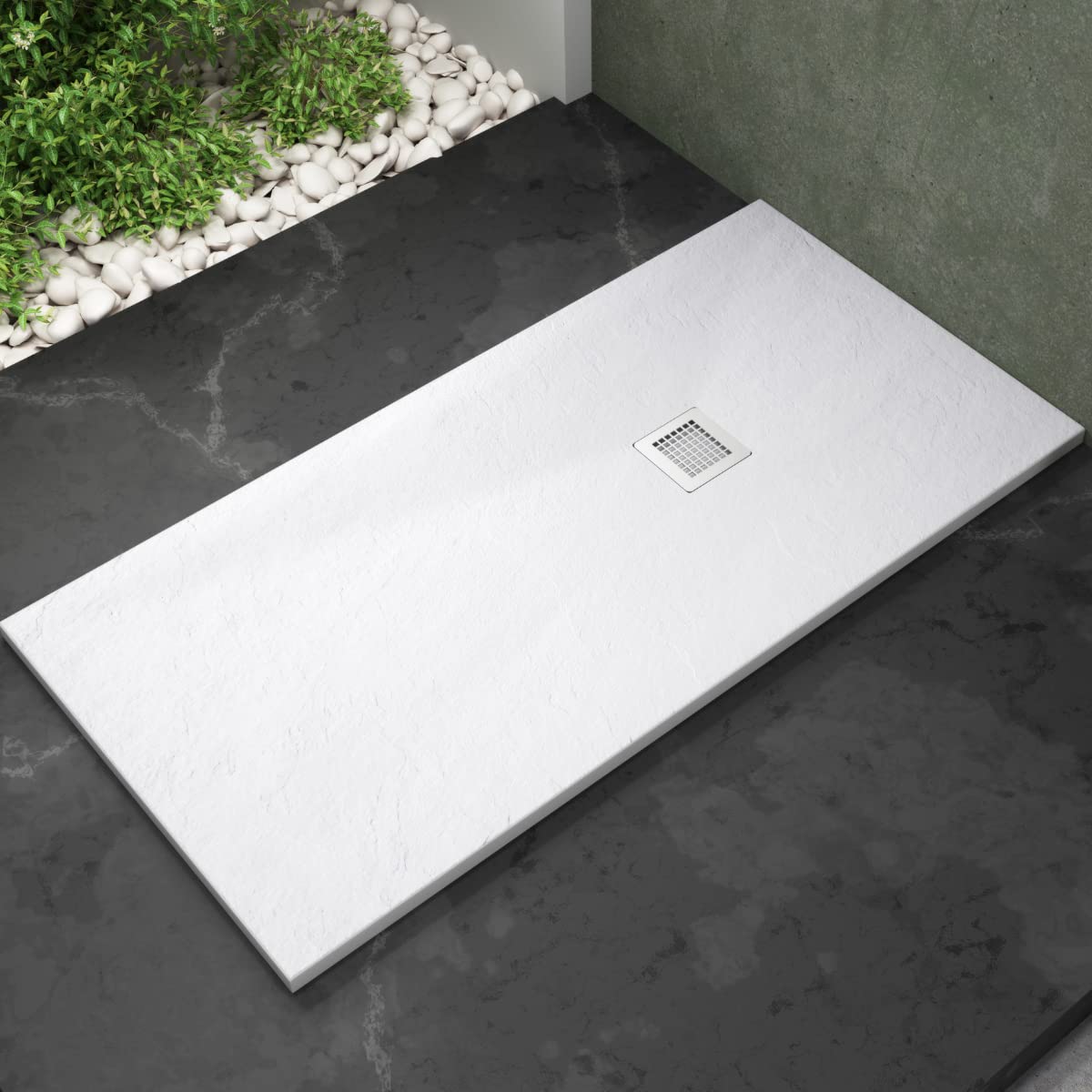 Plato de ducha Stone Coat - Carga Mineral con Resina recubierto de Gel Coat Válvula y Rejilla incluido. (70x180 cm, Blanco)