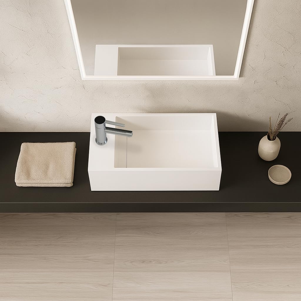 Lave-mains suspendu blanc mat MANITA G - Lavabo rectangulaire en Solid surface 35cm