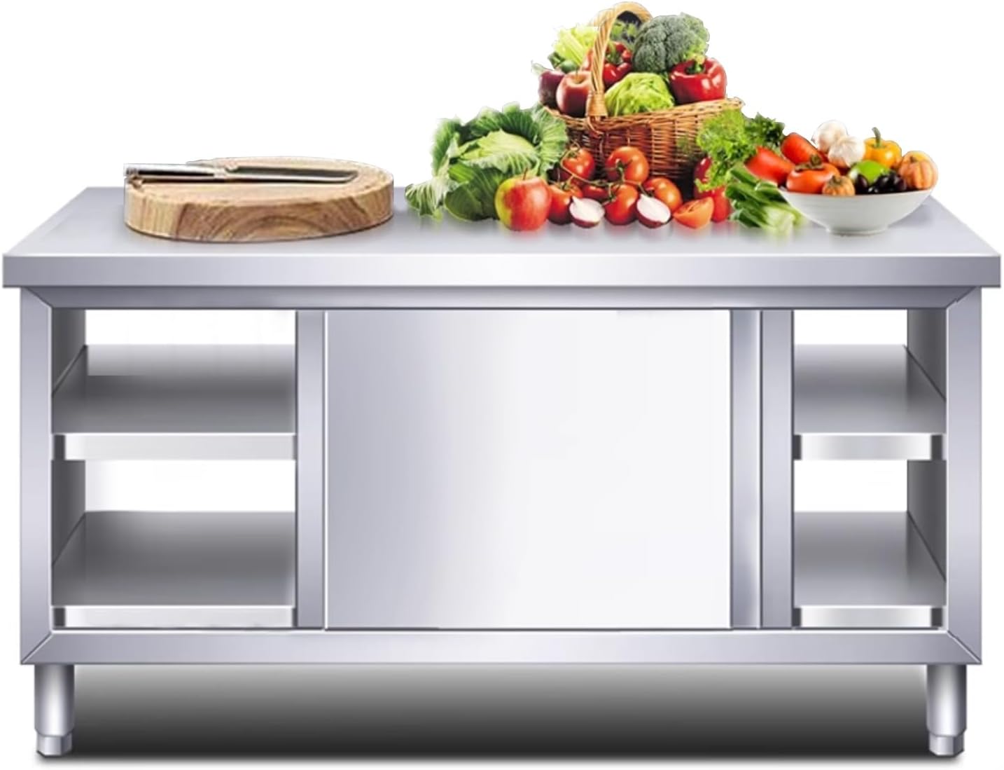 Stainless Steel Work Table Kitchen Prep Table Multifunctional Work Table with Double Door Storage Cabinet Work Freestanding Mobile Cabinet Door Multifunctional Practical Work Table
