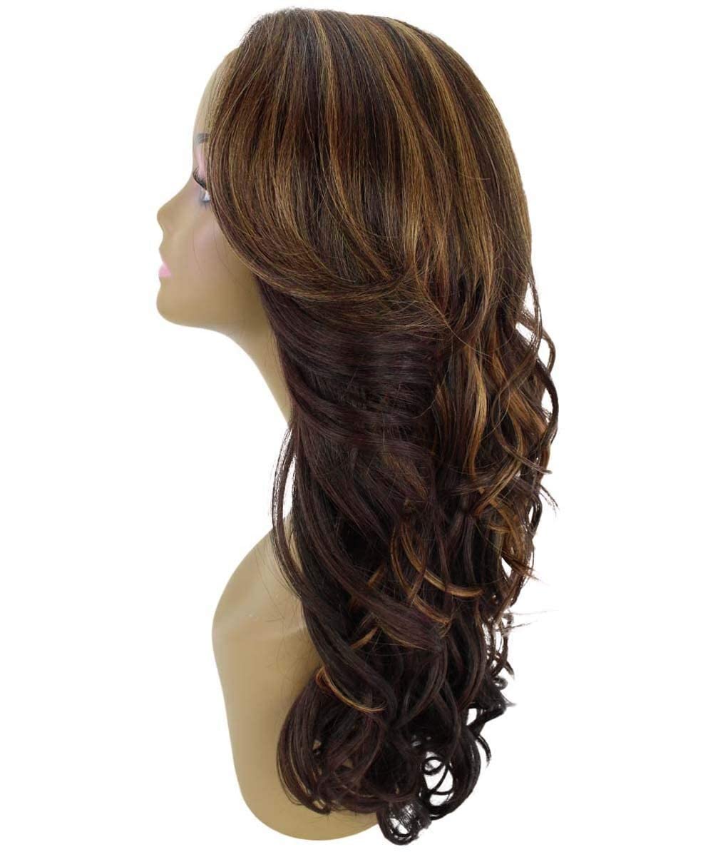 LUXLUXE Yenne Wavy 23 Inch Long 4X4 Hand-Tied Lace Front Wig, Good Heat Resistant Fiber, 20+ Shades of Natural, Dip Dyed, & Blended BLT-0107 (Caramel Brown Blend)