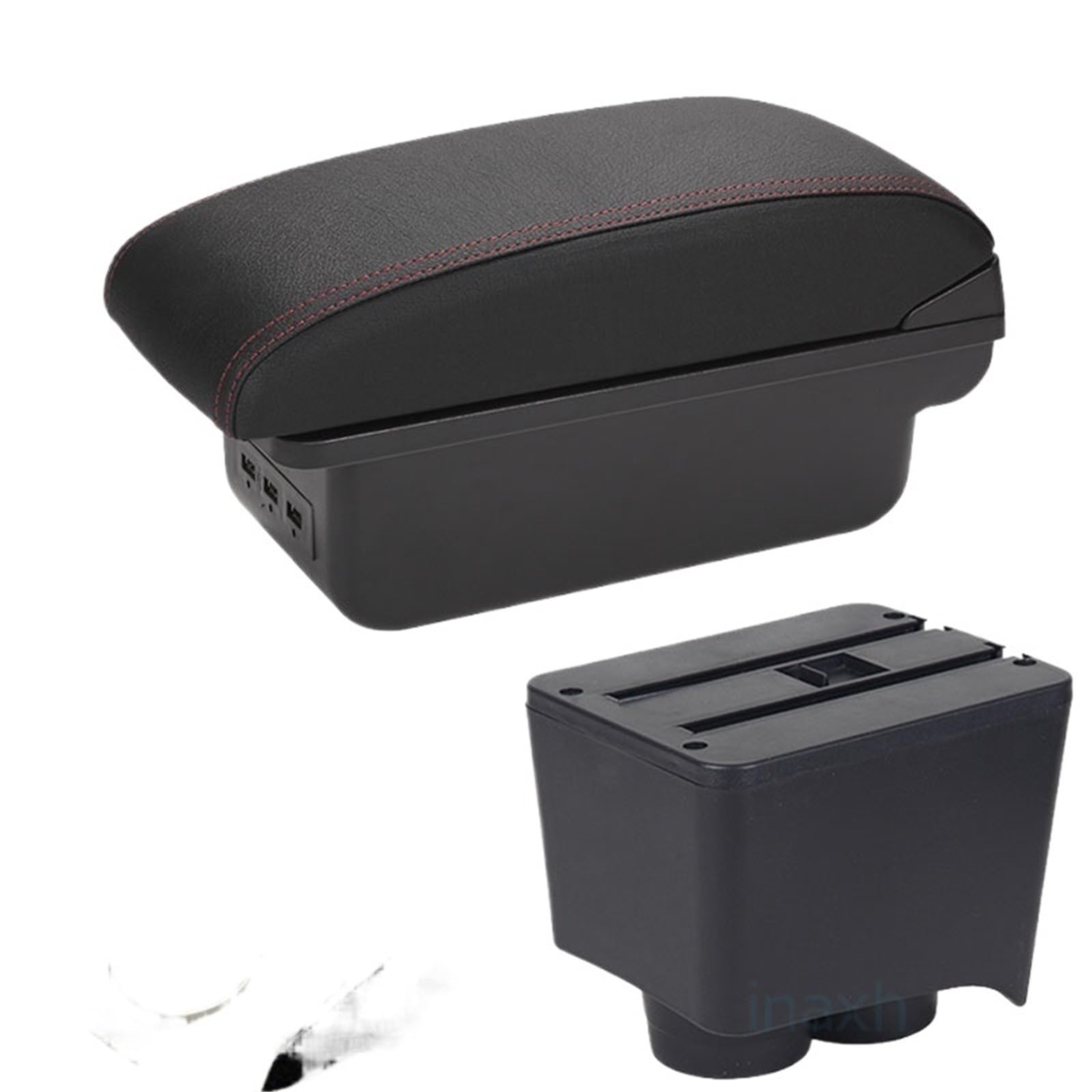 Bandeja de Silicona para Consola Reposabrazos compatible con Volkswagen Polo 9N3, caja de almacenamiento para reposabrazos de coche (2002-2009), accesorios interiores USB.(B1 Black red 3USB)