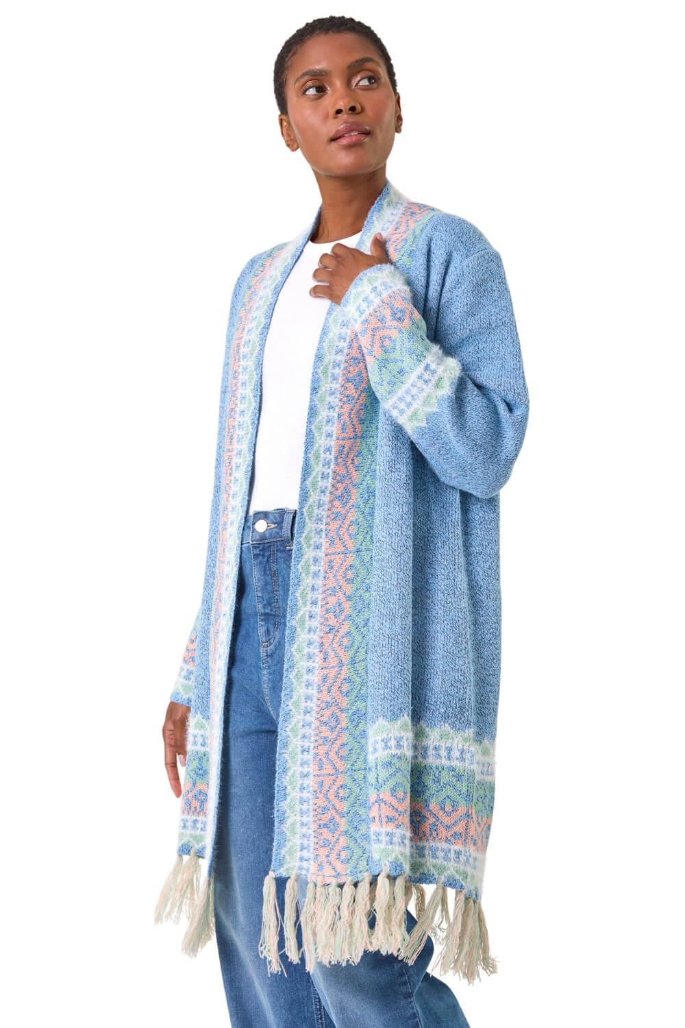 Roman Women's Light Blue Patterened Fringe Cardigan In Size 10