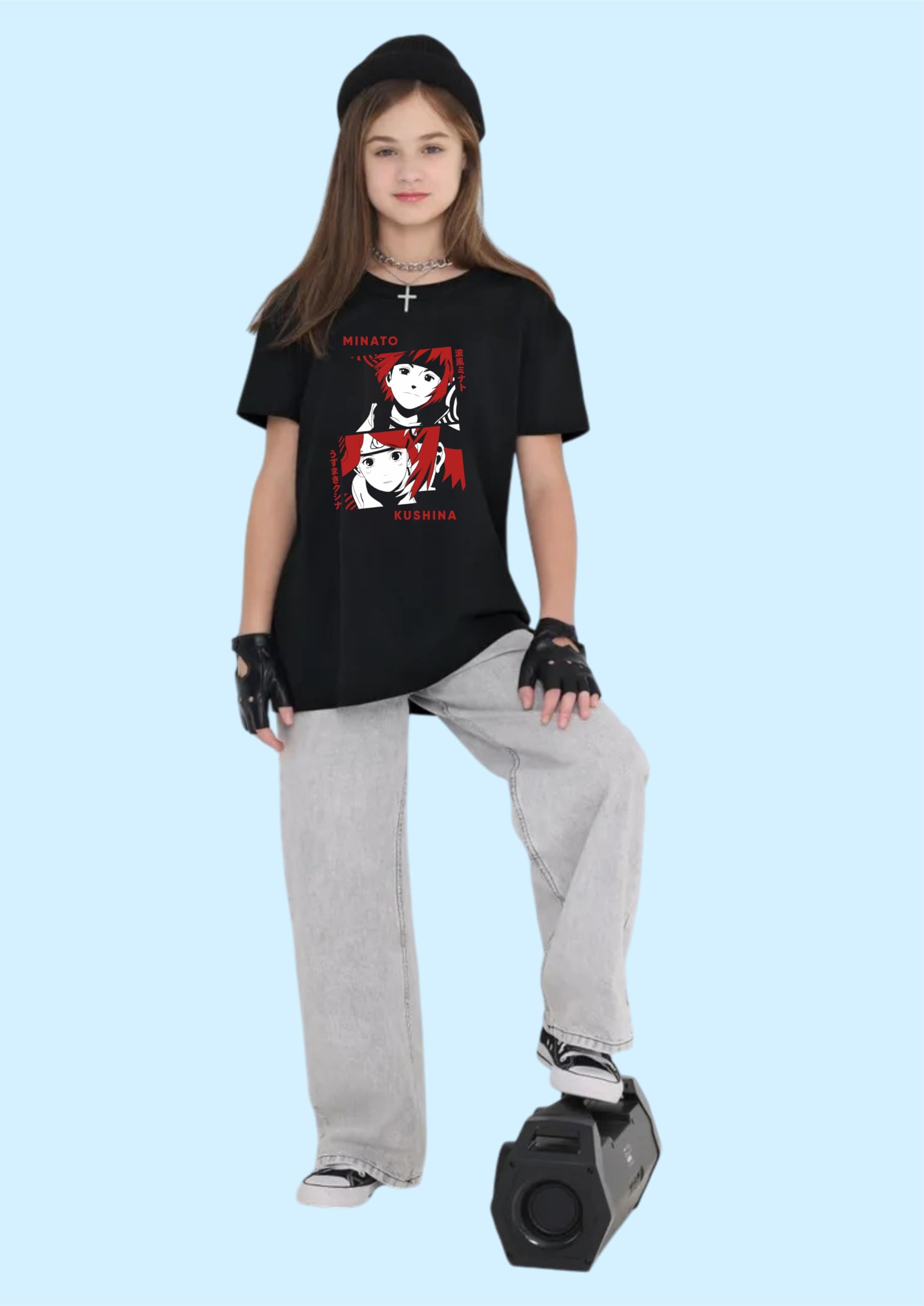 Uniplanet Store Camiseta negra de mezcla de algodón, media manga, ajuste regular, espalda anime, estampado Minato, color negro, negro, 7-8 a�os