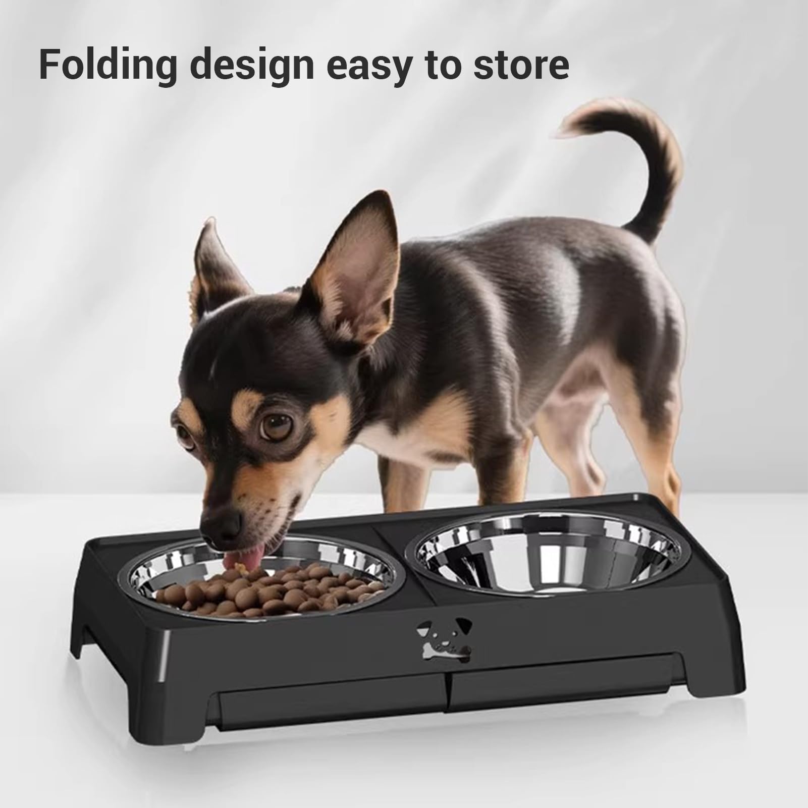 Gamelles Surélevées pour Chien, Support de Gamelles Surélevées Pliables sur 5 Niveaux Réglables en Hauteur avec en Acier Inoxydable pour Chiens de Petite, Moyenne et Grande Taille (Black)