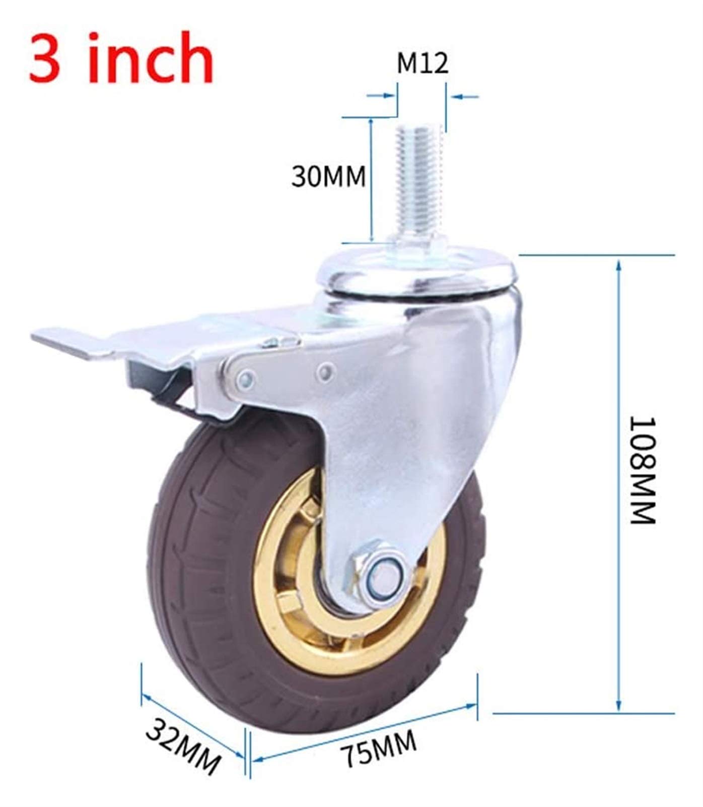4 Stück M12 Hochleistungs-Luftdruck-Gummi-Lenkrollen – Leise Lenkrollen für Möbel und Industrietransport. 3-Zoll-Lenkrollen für Einkaufswagen mit 2 Bremsen und 2 Lenkrol