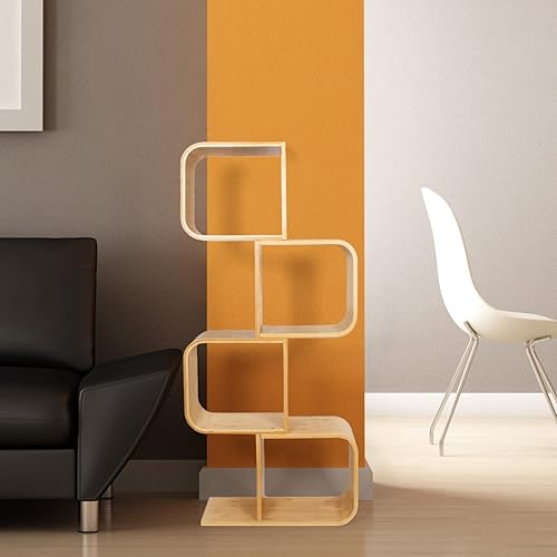 Estantería geométrica de bambú en forma de S de 4 niveles, gran capacidad, almacenamiento de CDs, estante de exhibición de DVD, estante de apertura