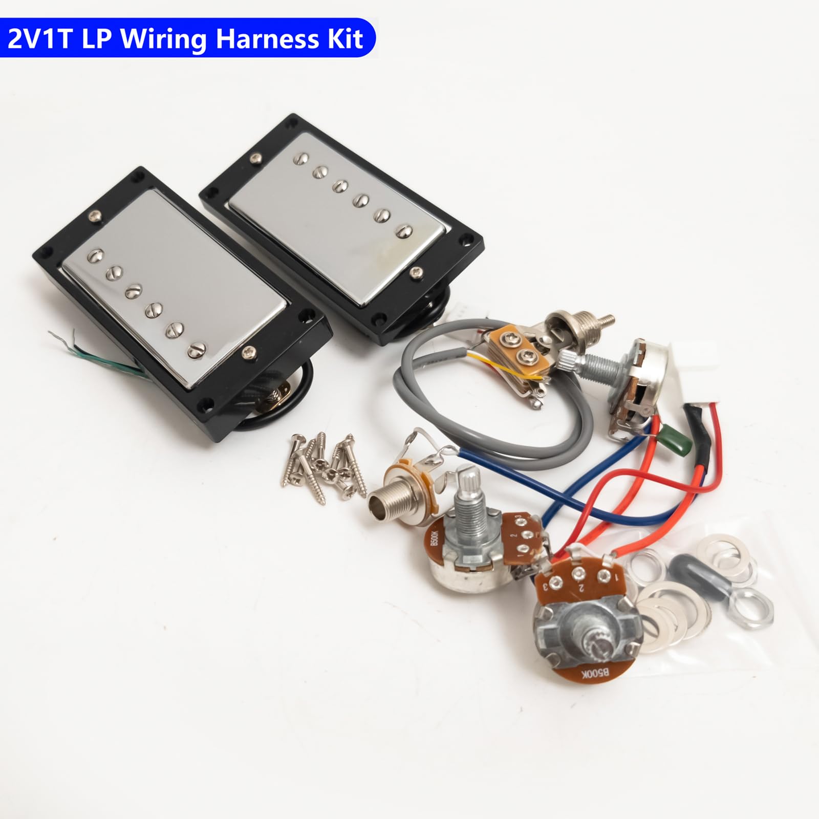 Humbucker-Tonabnehmer-Set für Gibson LP SG Gitarre, warmer 7,5 K Hals + kräftiger 15 K Steg-Keramik-Magnet, kompatibles Upgrade für E-Gitarre, 2V2T Verkabelung (Chrom BK 2V1T Kabelbaum-Set)