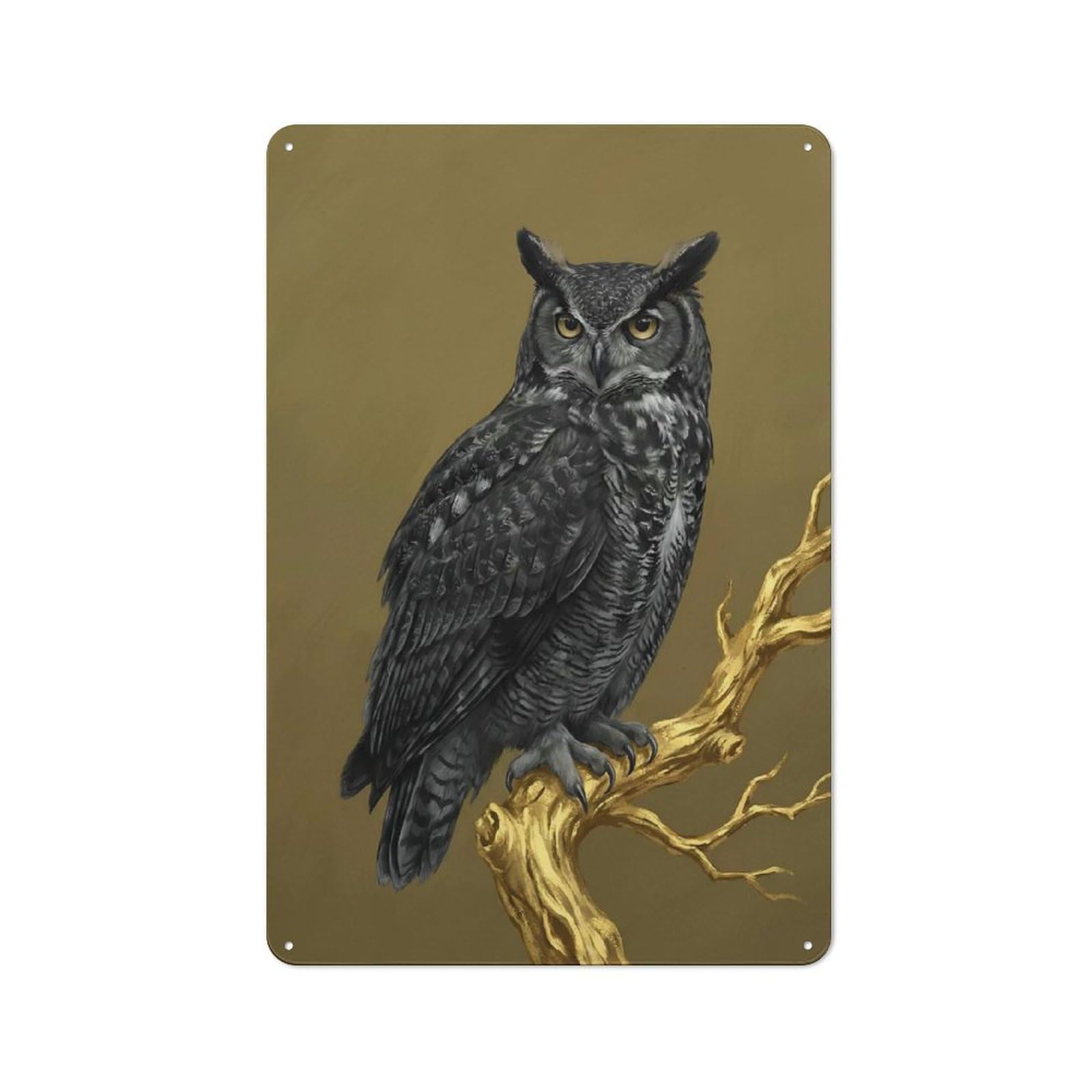 Junmoney Style-3 Great Horned Owl On Golden Branch Rustic Metal Plaque 30X20cm For Living Room Wall, Suited To Home Wall Decor Collectors