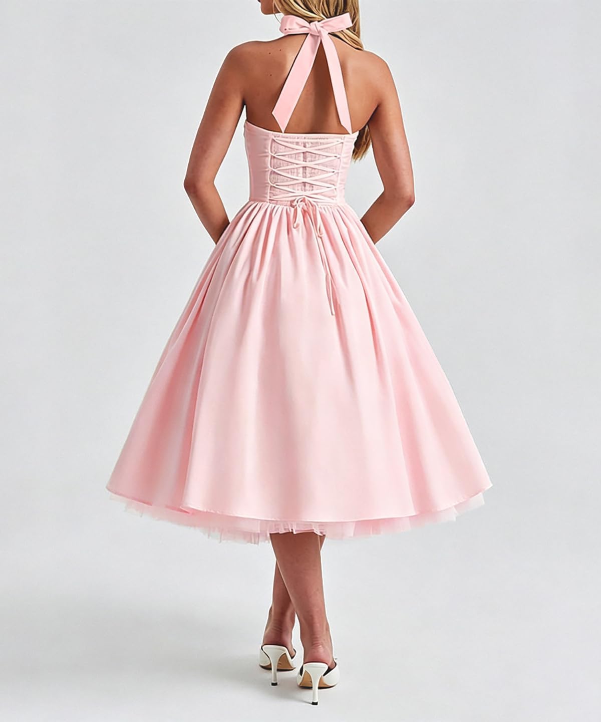 Women Summer Halter Dress Low Cut Sleeveless A Line Tulle Swing Flowy Tea Length Dress Corset Prom Formal Ball Gowns