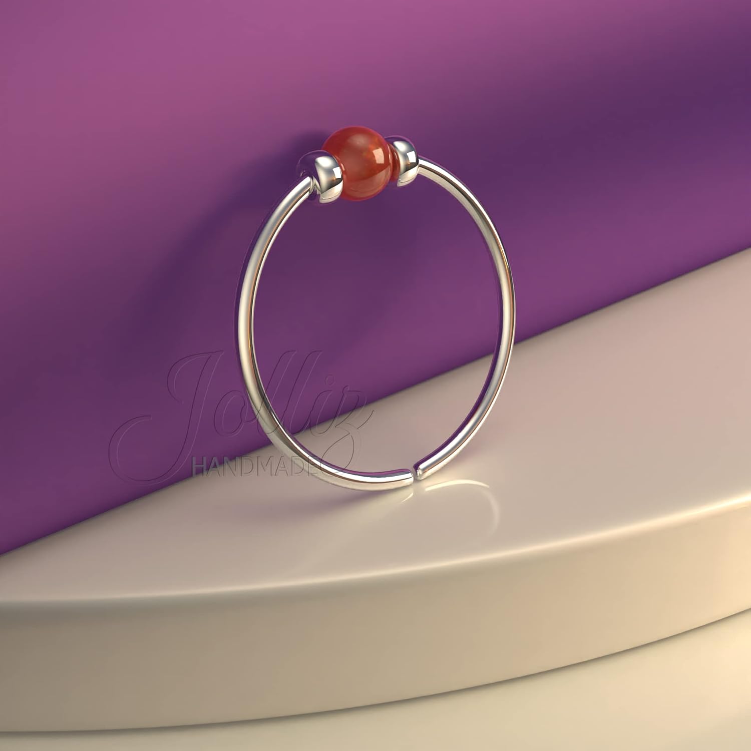 Jolliz Sterling Silver Nose Ring With Red Opal - Tiny 24G Nose Piercing Hoop- Body Piercing - 925 Sterling Silver Nose Piercing - Image 4