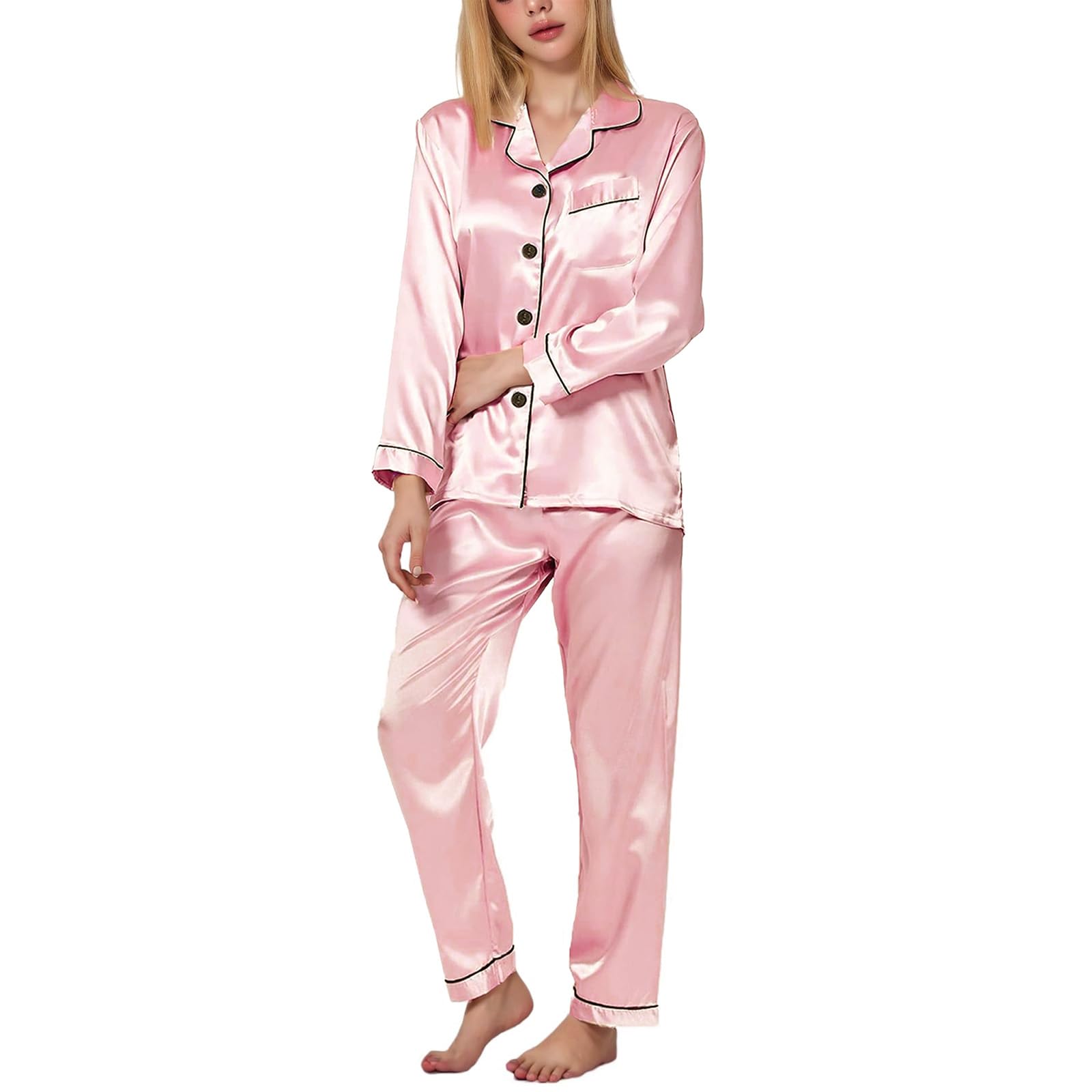 TANTOMI Satin-Schlafanzug für Damen, zweiteiliges Pyjama-Set mit Knopfleiste, kuscheligem V-Ausschnitt und Langen Ärmeln–ideal für gemütliche Nächte zu Hause