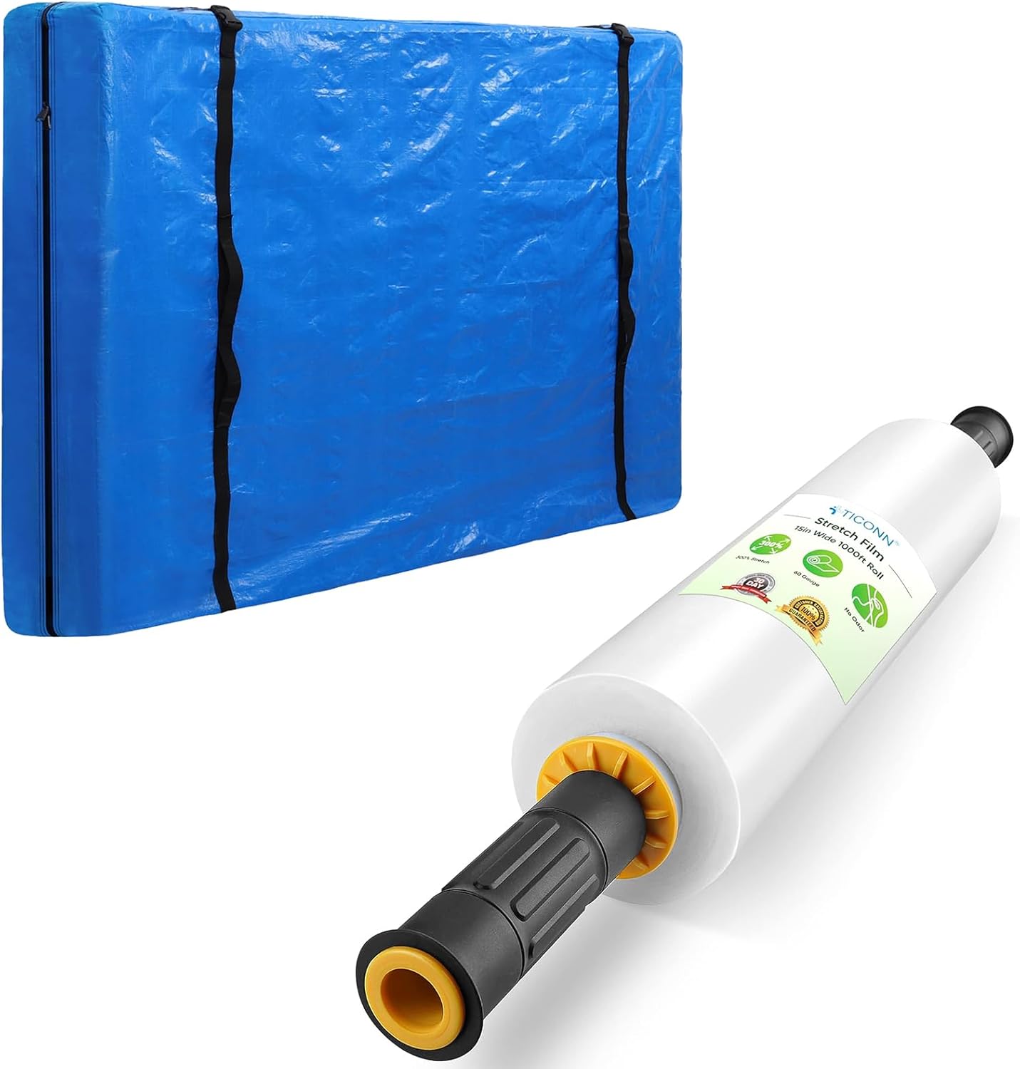 TICONN 1PK Stretch Wrap Film Roll(1000ft,1pk) +Mattress Bags for Moving(Full)