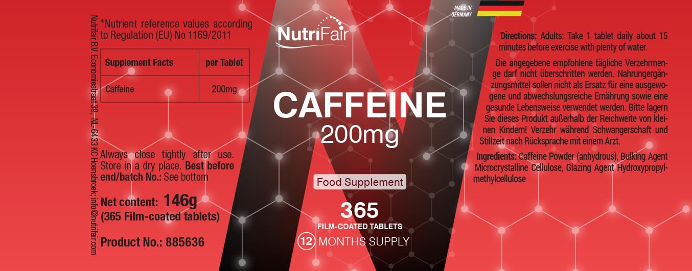 Comprimés de caféine 200mg, 365 comprimés, 200mg par comprimé, Haute dose, Faciles à avaler, 100% Vegans – fabrication allemande et tests en laboratoire, Premium et équitable