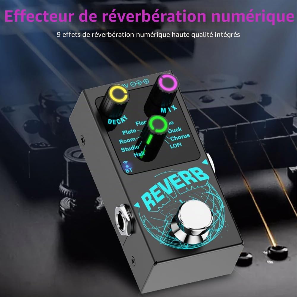 Digital Reverb Guitar Pedal, 9 Types de Réverbération, Accompagnement sans Fil avec un Vrai Contournement, des Boutons de Commande de Décroissance/Mélange, une
