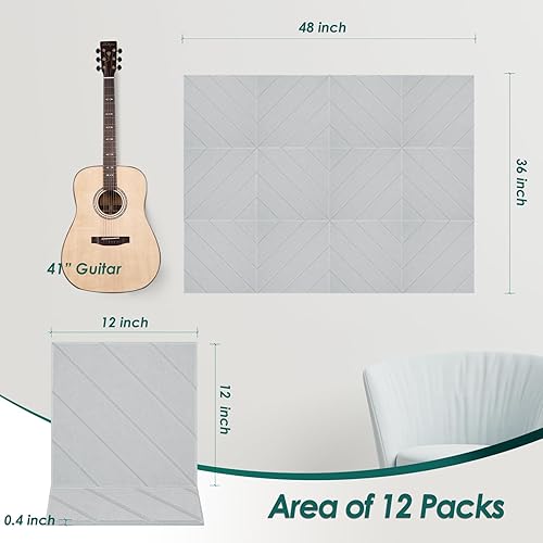 Miniatura 2 de Paquete de 12 paneles acústicos cuadrados autoadhesivos, paneles de pared insonorizados de 12 x 12 x 0.4 pulgadas, absorbentes de sonido, paneles de