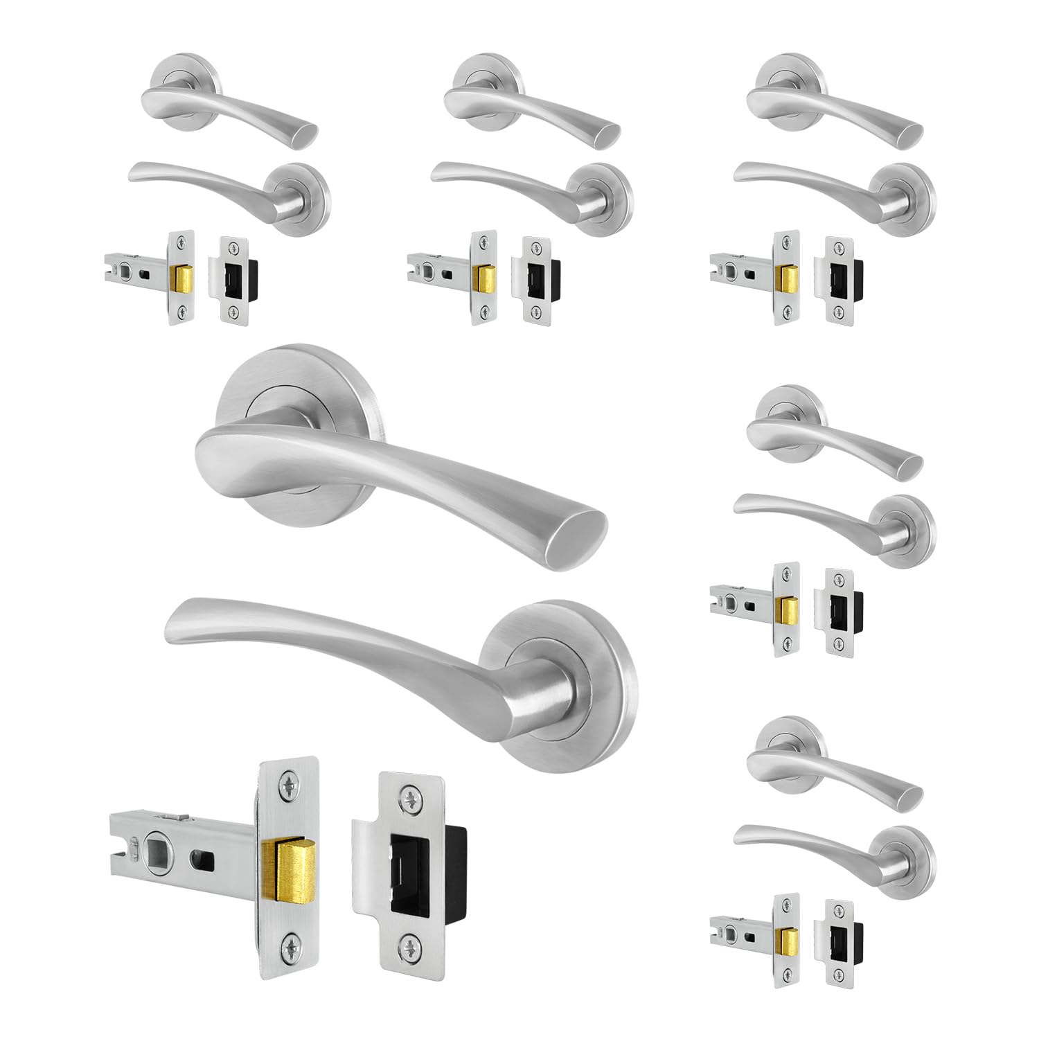 EAI Satin Door Handle Latch Set, 6 Pairs of Internal Lever on Rose Satin Nickel Door Handles & Latch (64mm) - Novoli