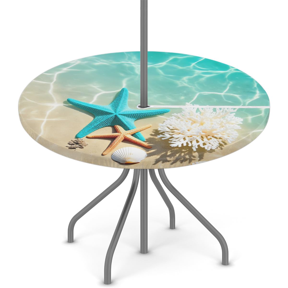 Round Garden Table Cloth With Parasol Hole, Ocean Starfish Outdoor Circular Fitted Tablecloth With Umbrella Hole Waterproof Elastic Edged Table Cover for Party Picnic, Fit for 36"-44" Round Tables