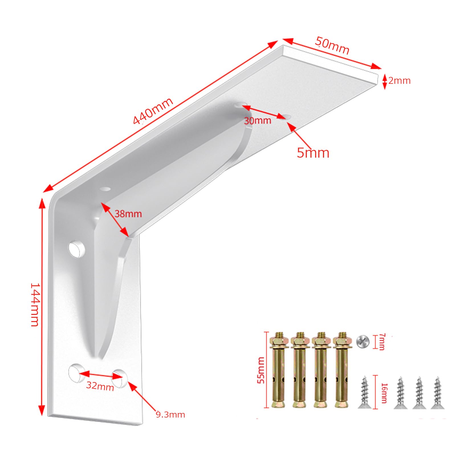2 Pezzi Staffe per Mensole Pesanti,Mensola Galleggiant Supporto di Metallo,Forma a L di 90 gradi Staffe per Scaffali,Supporto Mensole da Muro,per la Casa e l'ufficio,con viti (440mm,White)