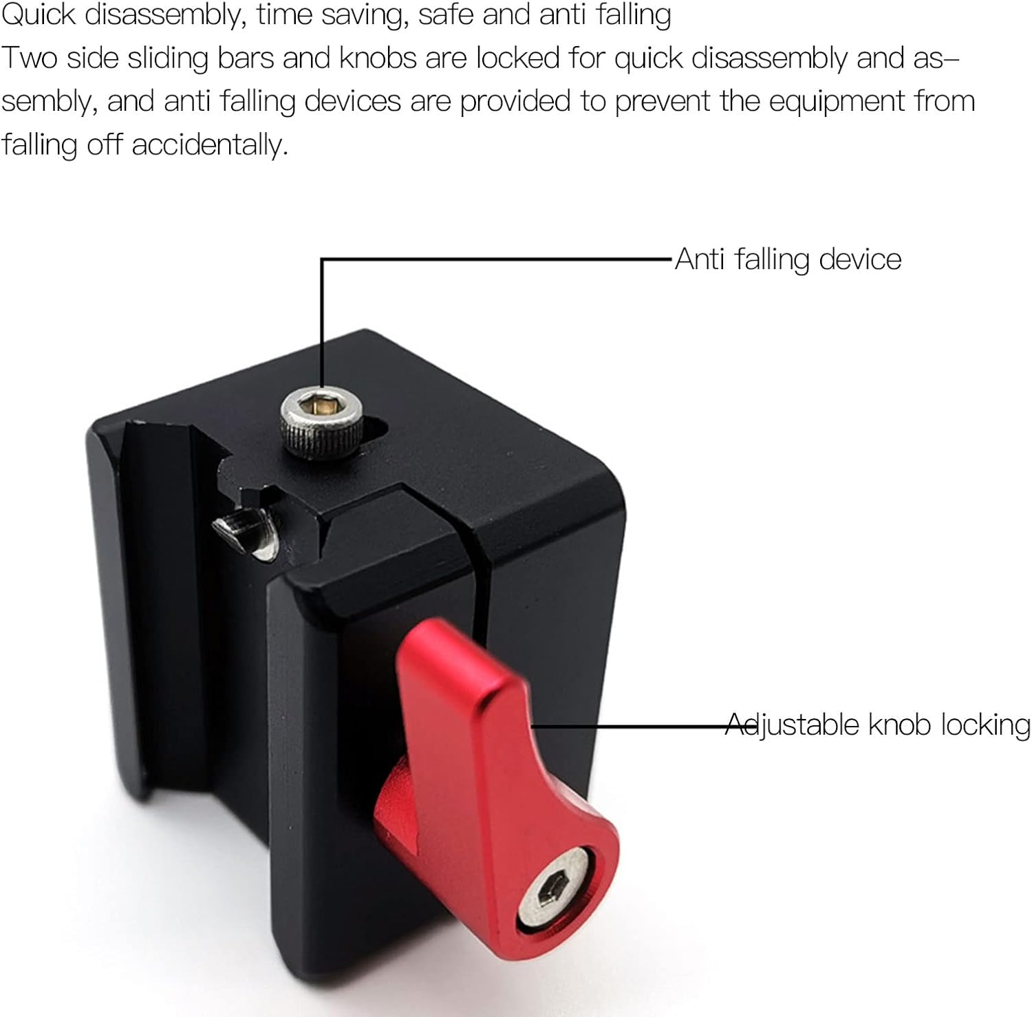 Close-up of the clamp showing the adjustable knob locking mechanism and the anti-falling device.