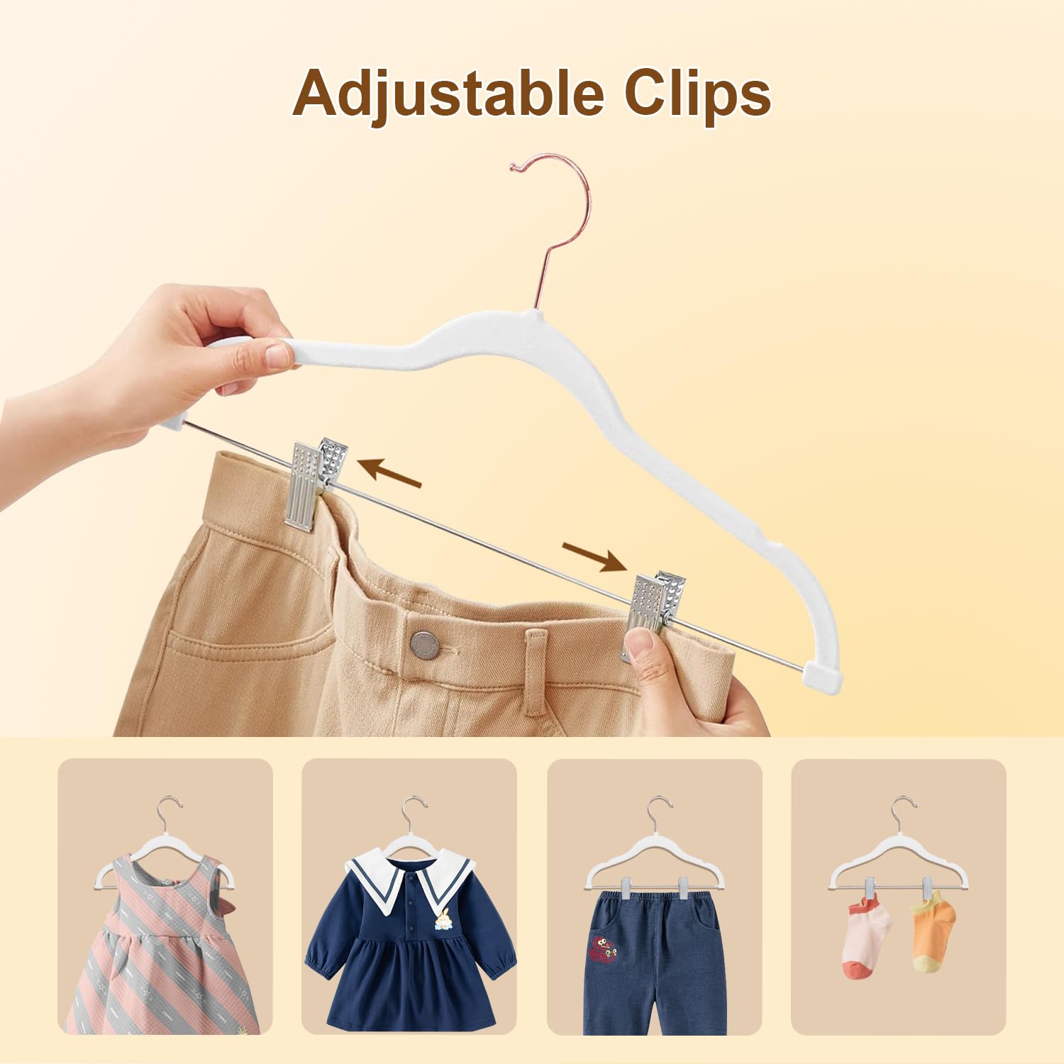 Appendiabiti per Bambini con clip, 30cm Grucce per Bambini con Ganci Girevoli a 360°, Grucce di Velluto Antiscivolo per Camicie, Pantaloni, Gonne, Abiti, Giacche 14 Pezzi Bianco (Oro Rosa)