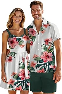 DRESSFO Couple Matching Hawaiian Outfits Allover Flower Print Sundress or Vacation Men's Button Up