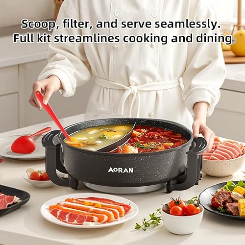 Miniatura 6 de AORAN - Olla eléctrica de 6 litros, olla antiadherente sin humo con divisor para olla caliente, fondue, shabu shabu, multifunción, incluye cucharón,