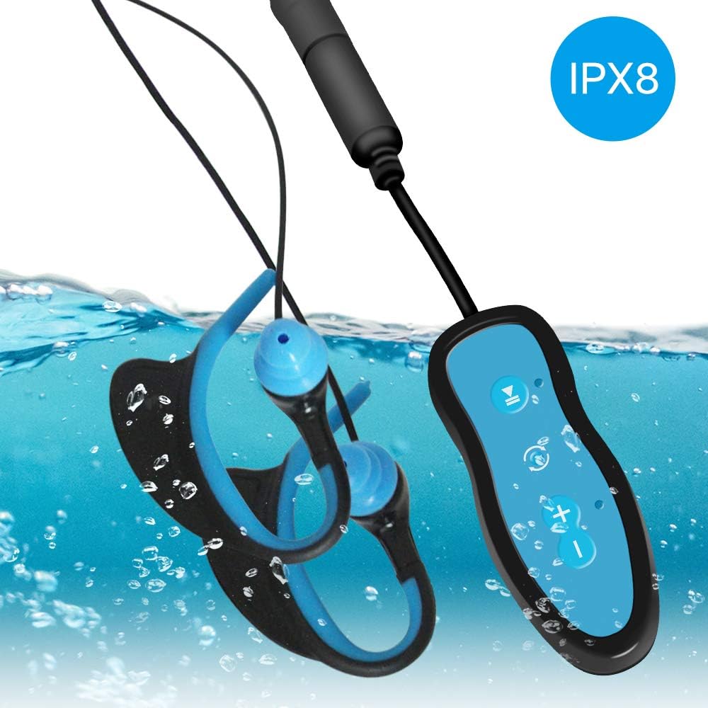 huadun IPX8 Under Water Music Player for Swimming and Waterproof Headphones with Ear Hooks 8GB MP3 with Sports Clip for Surfing,Diving(Blue)