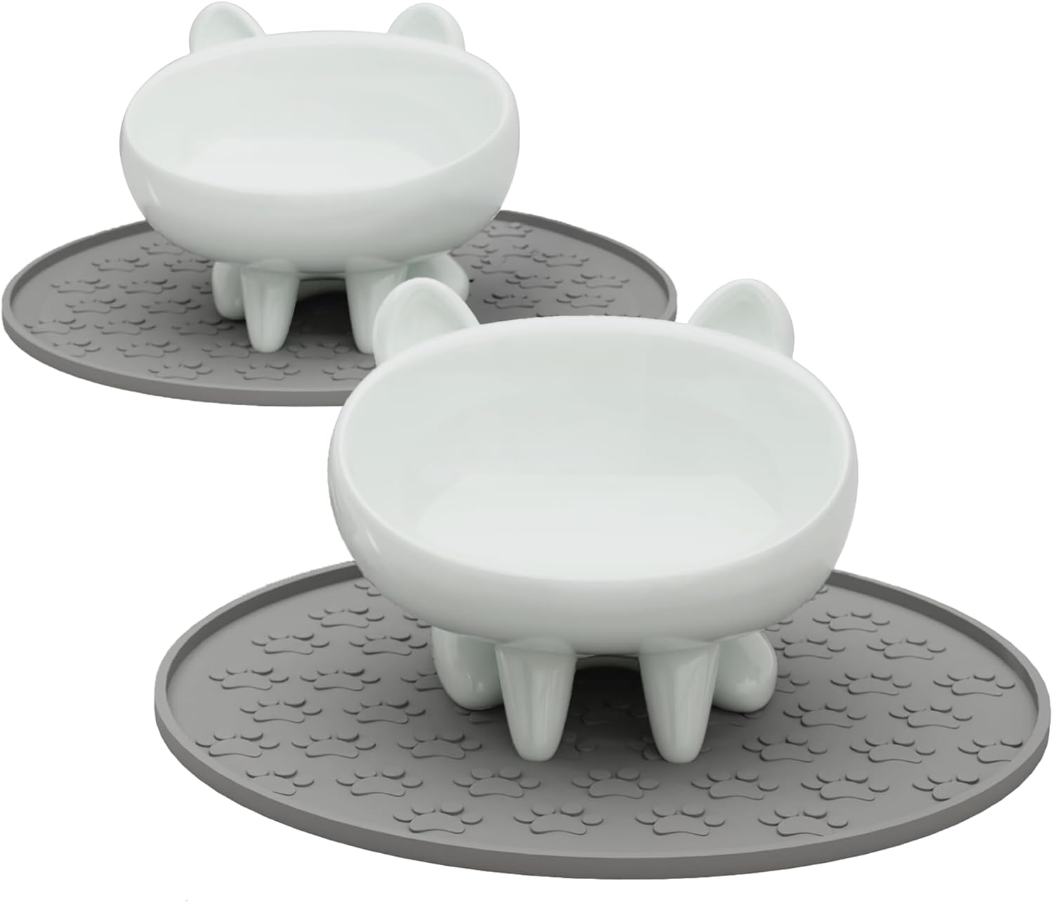 2 Pack Anti-Vomit Elevated Ceramic Cat Bowls with 2 Non-Slip Mats – Ceramic Whisker-Friendly Tilted Orthopedic Feeding Set, Ideal for Senior Cats & Small Dogs