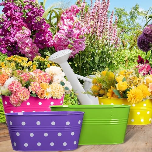 Image of 12 INCH Anti Rust Railing Oval Planter for Balcony & Garden with Detachable Handle | Hanging Flowerpot Holder | Metal Wall Planter for Indoor and Outdoor Decor (Multicolour Polka Dot, 4)