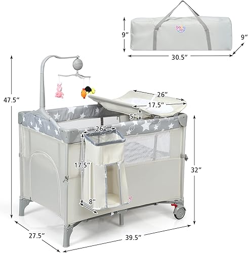 Miniatura 8 de HONEY JOY Empaca y juega con el moisés, cama 5 en 1 con cambiador de pañales y bolsa de almacenamiento, arco de juguete y caja de música, riel