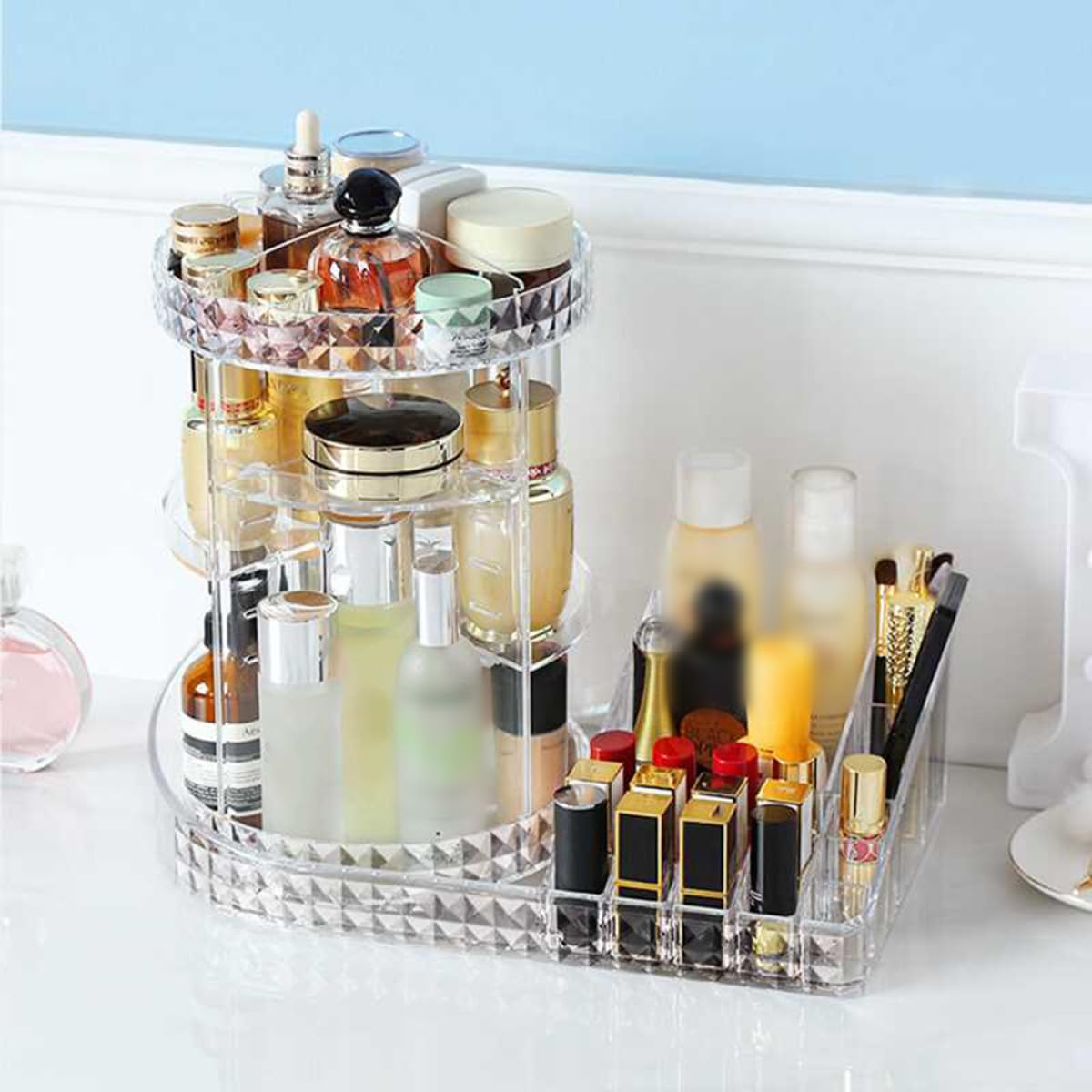 PACKOVE Organisateur de Maquillage Acrylique Transparent Rangement Cosmétique Rotatif pour Coiffeuse Salle de Bain et Chambre Pratique pour Accessoires et Soins Peau