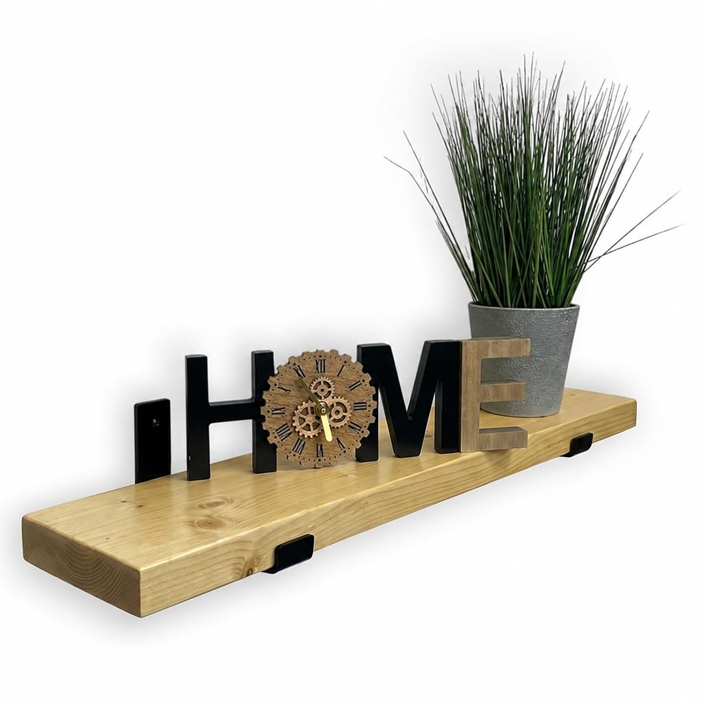 MKGT Narrow Floating Shelf – 15cm Deep Rustic Solid Wood Wall Shelf with Black Brackets – Handmade in UK for Kitchen, Bathroom, Hallway & Living Room (Antique Pine, 60cm)