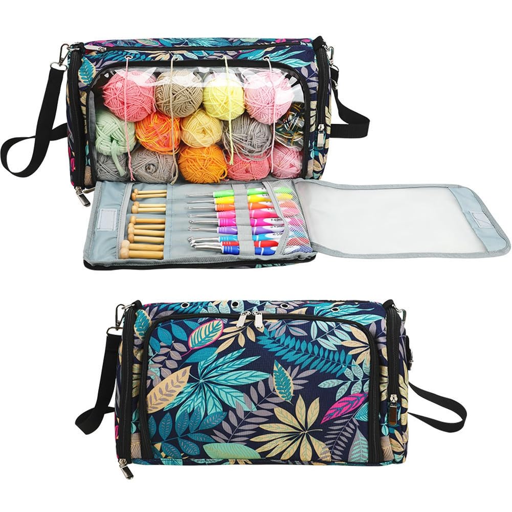 Large Knitting Wool Tote Storage Bag Portable Crochet Hook Needles Accessories Organiser Holder with Clear PVC Top (A)