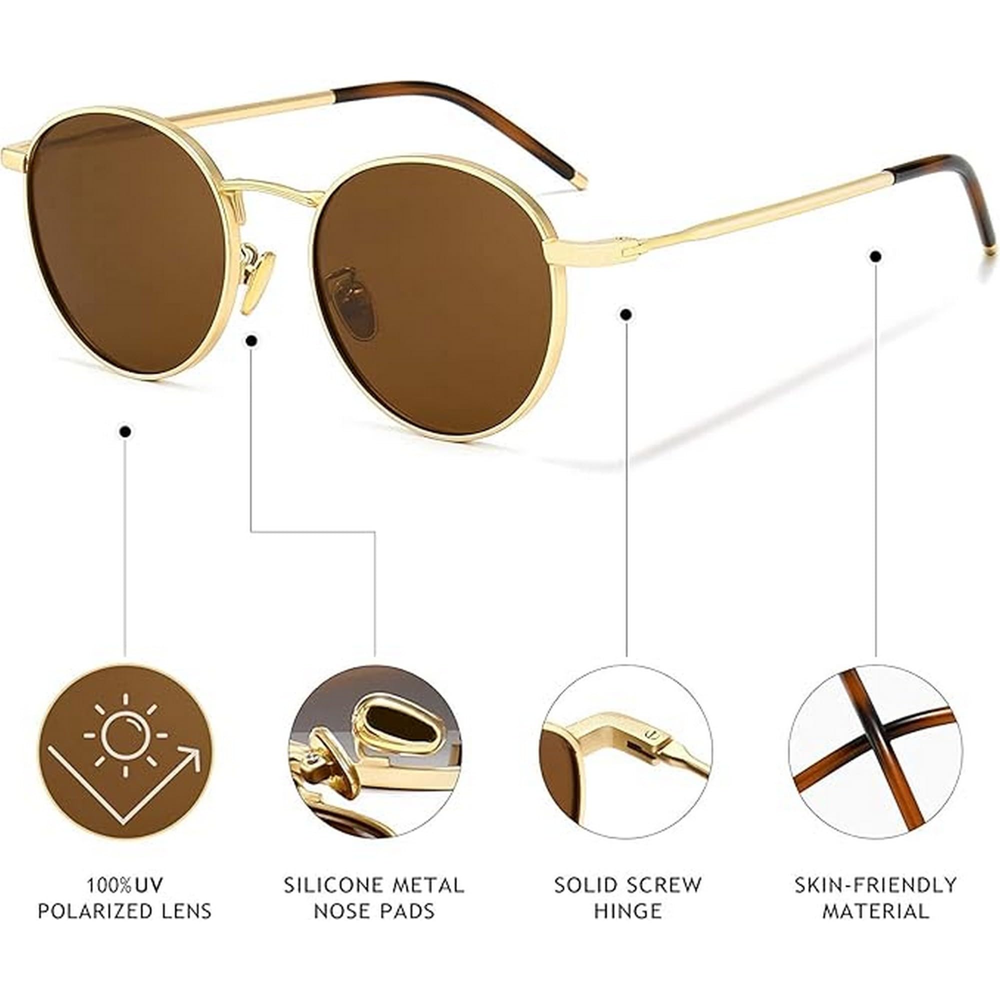 Dervin Ponderable UV Protection Coating Round Sunglasses for Men and Women Classic Metal Sun Glasses (Gold-Brown) - Image 4 thumbnail
