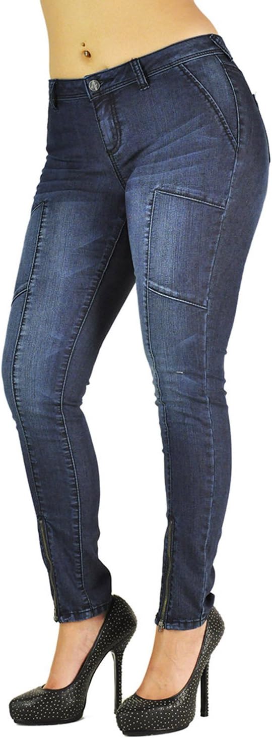 Poetic Justice Women's Curvy Fit Blue Washed Denim Pieced Skinny Zip Ankle Jeans
