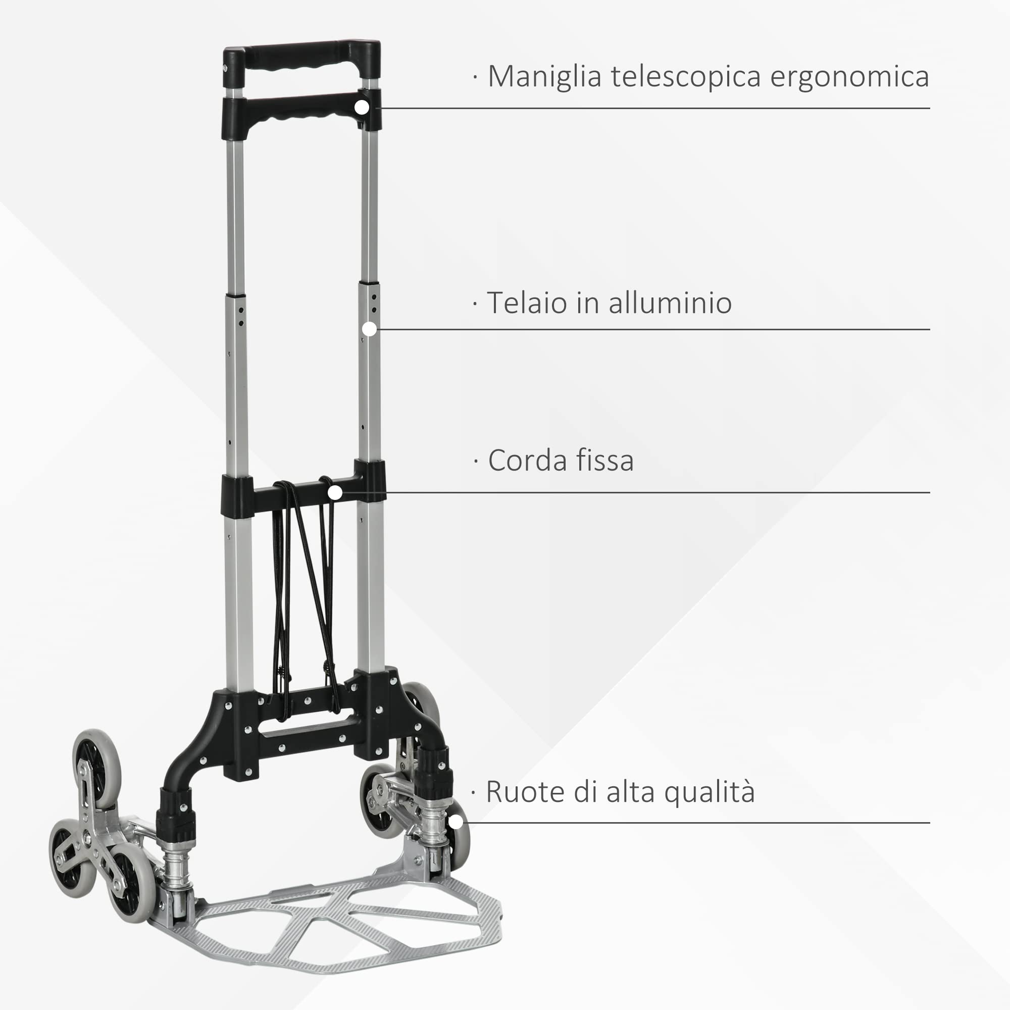 DURHAND Carrello Portapacchi a 6 Ruote 47x47x100 cm Nero e Argento | max 70 kg, con Fune e Maniglia Estraibile, Carrello Pieghevole, in Alluminio, PP e TPR