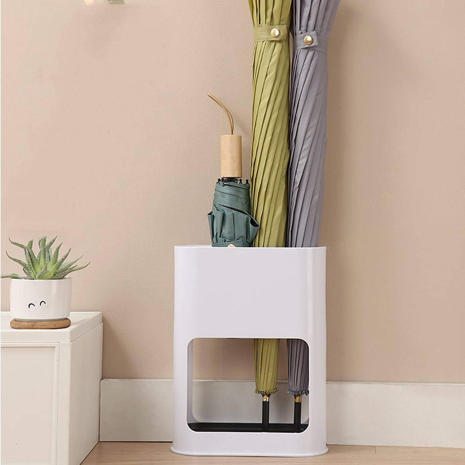 Porte-parapluie blanc avec ventouse silicone anti-basculement bac égouttement amovible 4 fentes