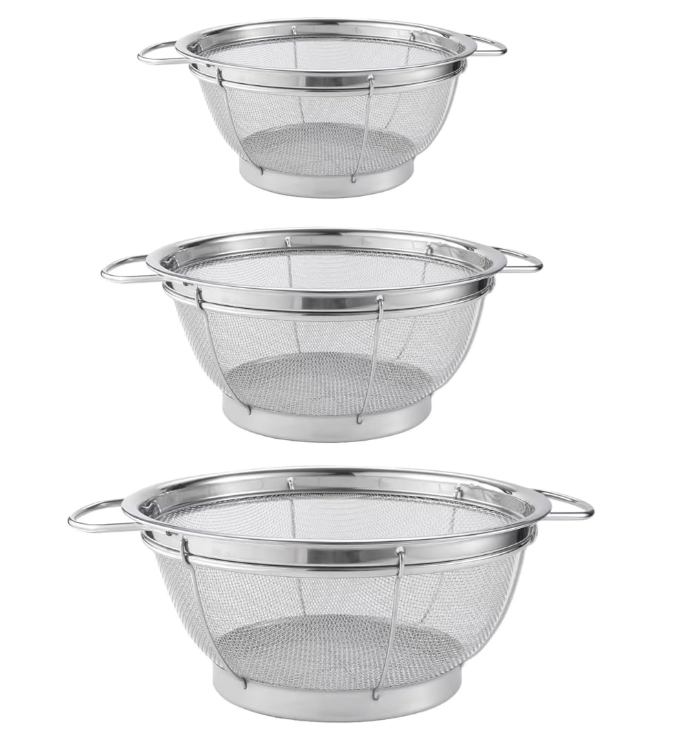 Set of 3 Stainless Steel Colanders – Nesting Metal Strainers with Loop Handles | Kitchen Drain Basket for Pasta, Vegetables, Rice, Fruit | Durable, Rust-Resistant.22cm/25.5cm/28cm