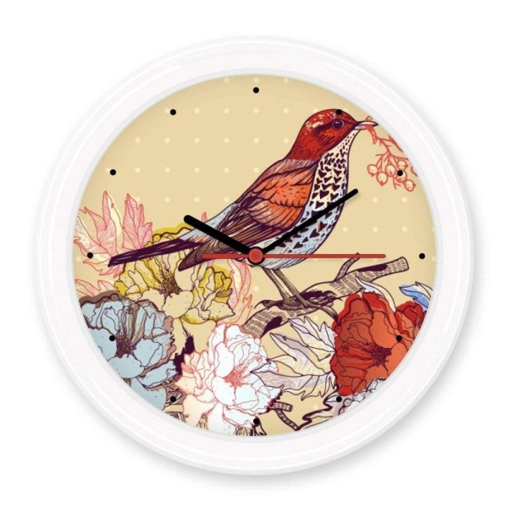 Horloge murale ronde oiseaux et fleurs silencieuse à pile pour décoration de salon