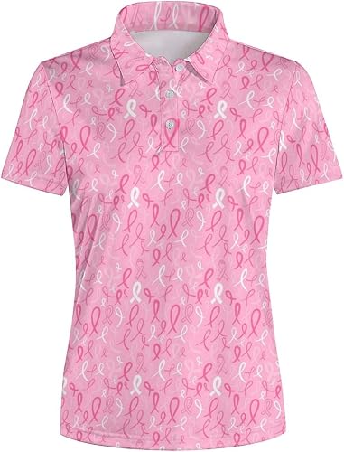 Midaivu Women's Breast Cancer Ribbon Polo Shirt Short Sleeve Golf Polo Shirt Per