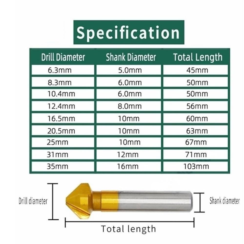 Broca avellanadora 10 fresas de biselado HSS 6542/M35, brocas avellanadas 3 flautas y 90 grados for herramientas eléctricas(6.3mm*35)