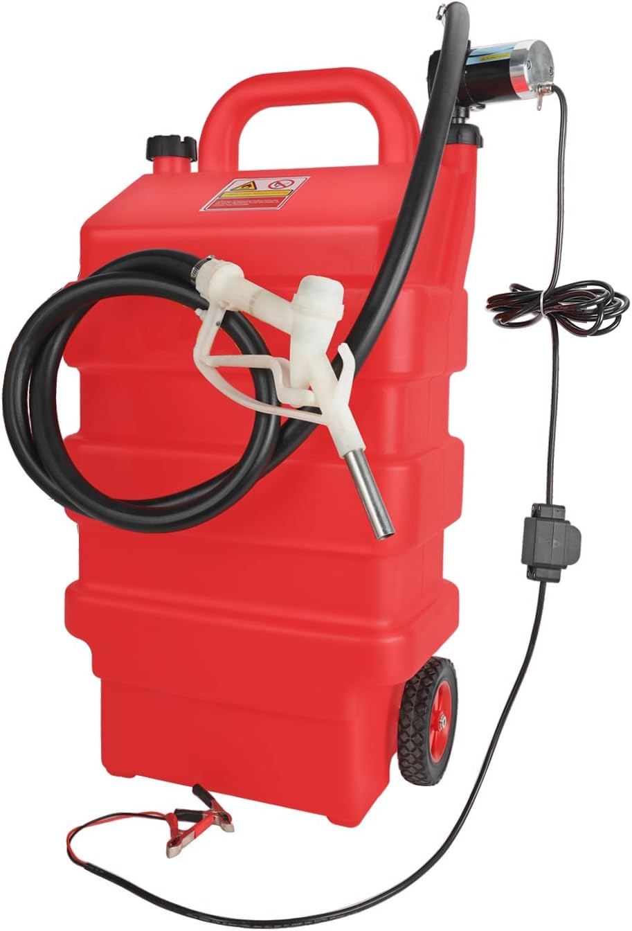 Portable Fuel Caddy Tank with 12V DC Fuel Oil Transfer Pump for Gasoline Diesel, Reversible Pumping, Overheat Protection, Switch Control, Sturdy Wheels, 16 Gallon