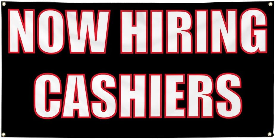 Vinyl Banner Multiple Sizes Now Hiring Cashiers Advertising Printing Business Outdoor Weatherproof Industrial Yard Signs Black 4 Grommets 16x40Inches