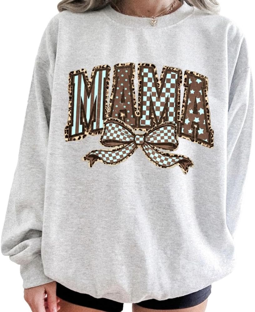 Leopard Bow Mama T Shirt, Cute Mom Shirt, Retro Cheetah Shirt, Varsity Mama Crewneck, Gift for Mommy, Leopard Sweater. - Image 6